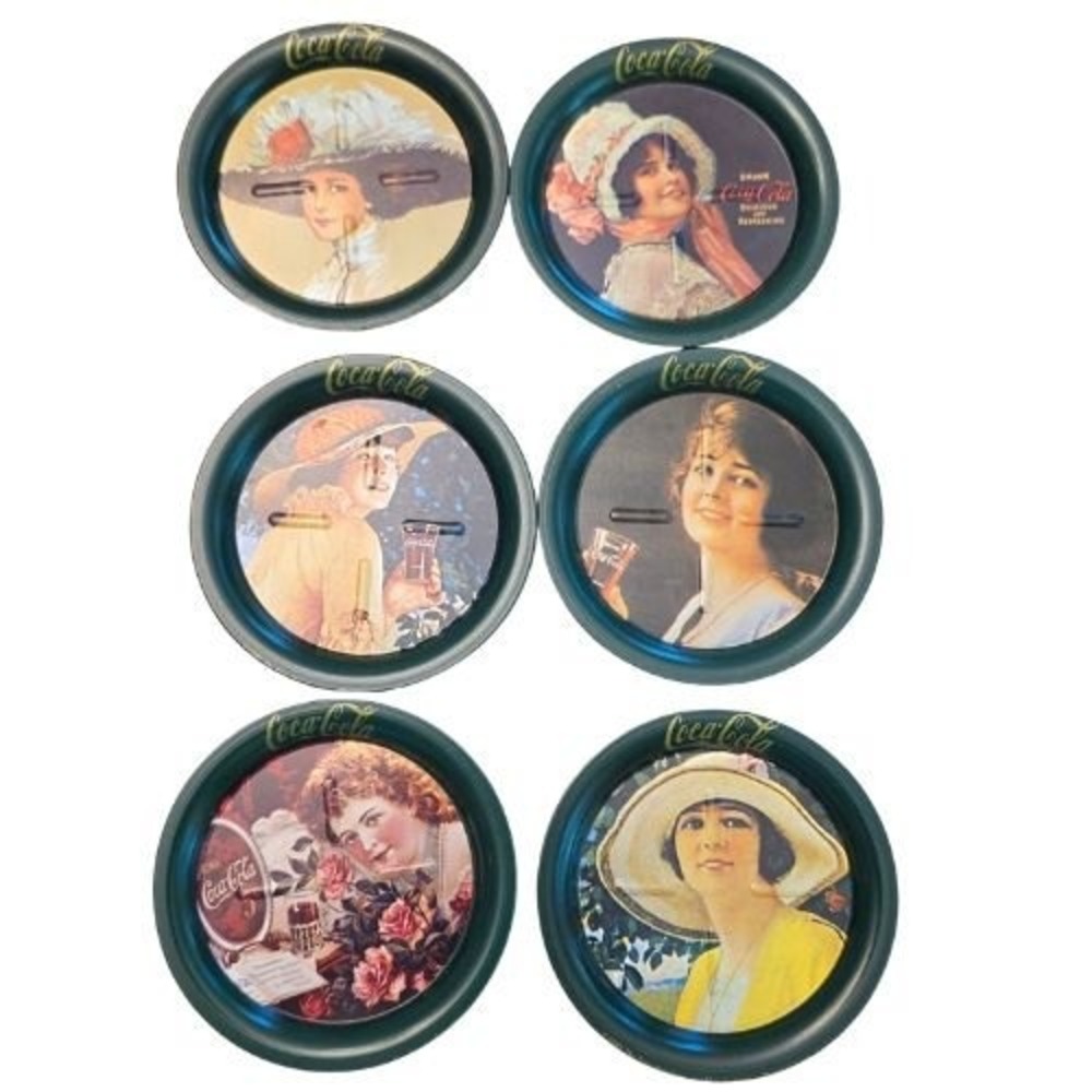 Vintage 1983 Coca-Cola Metal Tin Coaster Set of 6 Victorian Women Ohio Art Green